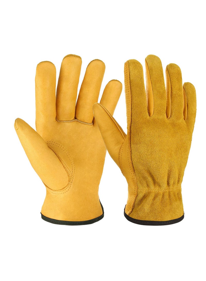 Leather Work Gloves,  Heavy Duty Gardening Gloves, Tough Cowhide Garden Gloves Thorn Proof Work Gloves for Garden Tools Pruning Shears Bricklaying, Ladies and Men (Large, Gold, 1 Pairs)