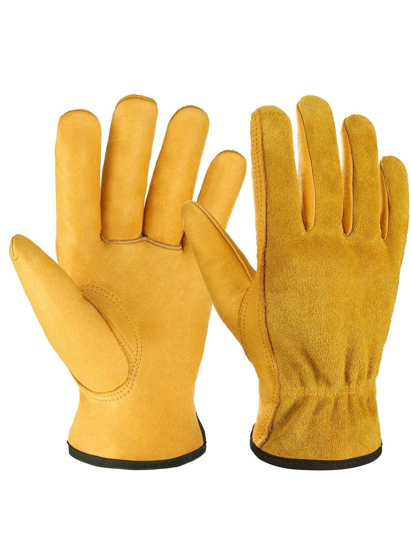 Leather Work Gloves,  Heavy Duty Gardening Gloves, Tough Cowhide Garden Gloves Thorn Proof Work Gloves for Garden Tools Pruning Shears Bricklaying, Ladies and Men (Large, Gold, 1 Pairs)