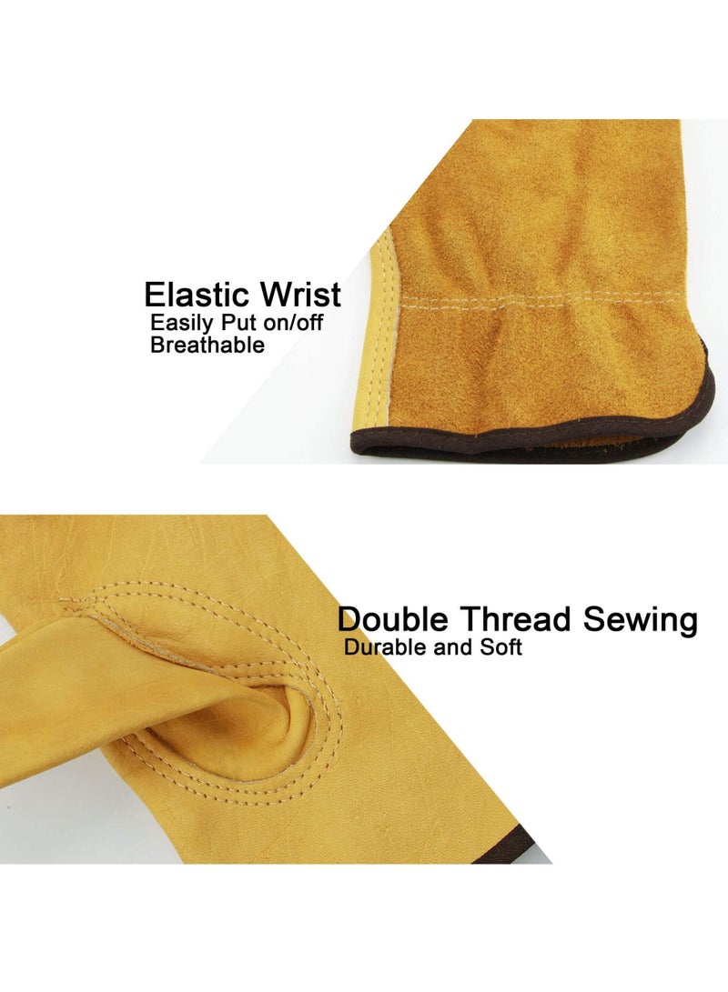 Leather Work Gloves,  Heavy Duty Gardening Gloves, Tough Cowhide Garden Gloves Thorn Proof Work Gloves for Garden Tools Pruning Shears Bricklaying, Ladies and Men (Large, Gold, 1 Pairs)