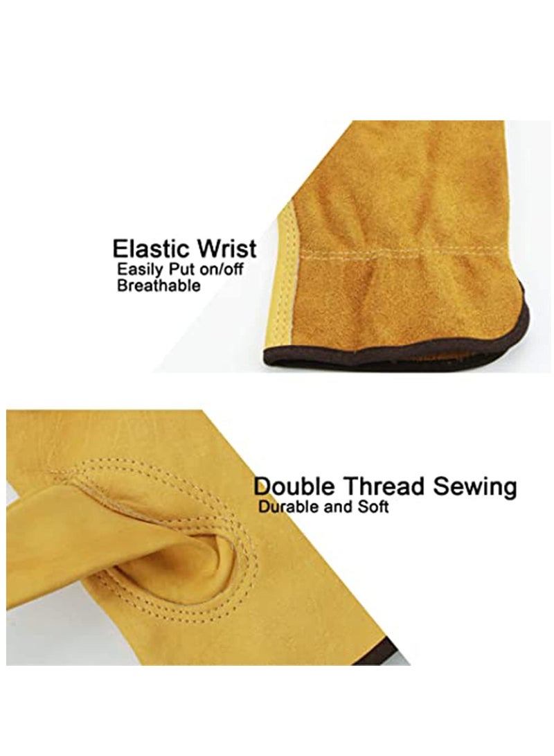 Leather Work Gloves, Tough Cowhide Gardening Glove for Wood Cutting Construction Truck Driving Garden Yard Working for Men and Women 1 Pair (Gold, Medium)