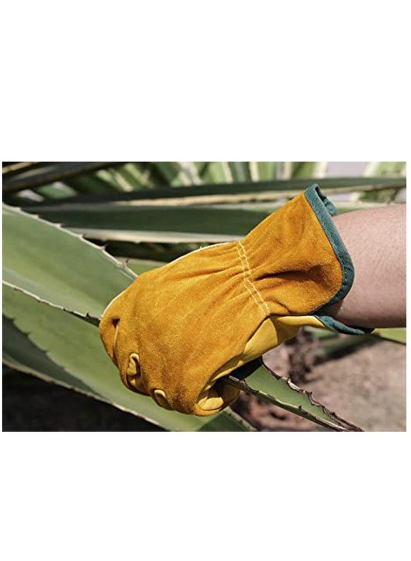 Leather Work Gloves, Tough Cowhide Gardening Glove for Wood Cutting Construction Truck Driving Garden Yard Working for Men and Women 1 Pair (Gold, Medium)