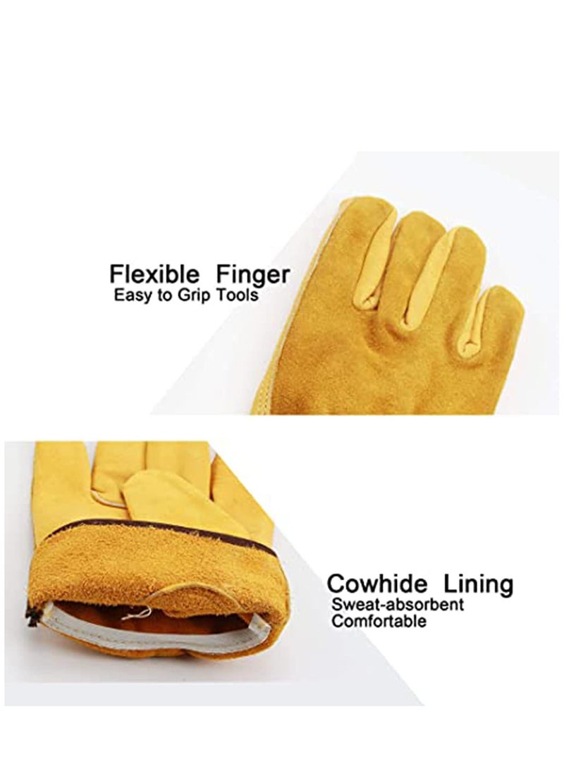 Leather Work Gloves, Tough Cowhide Gardening Glove for Wood Cutting Construction Truck Driving Garden Yard Working for Men and Women 1 Pair (Gold, Medium)