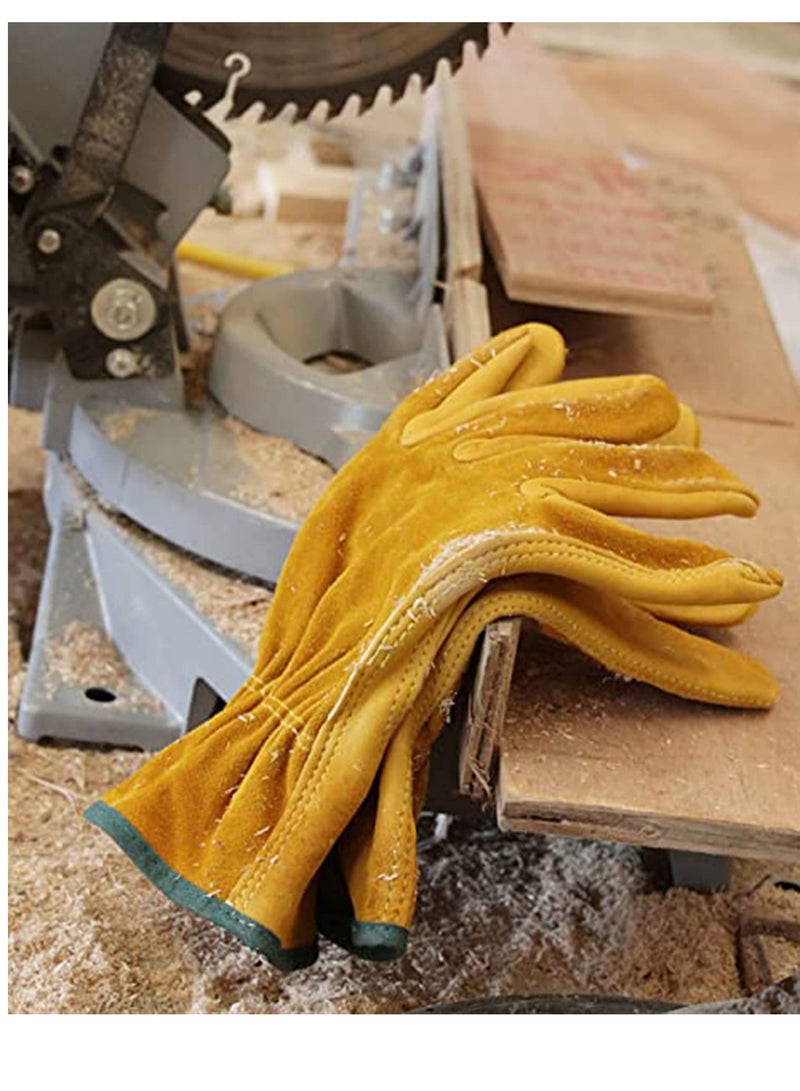 Leather Work Gloves, Tough Cowhide Gardening Glove for Wood Cutting Construction Truck Driving Garden Yard Working for Men and Women 1 Pair (Gold, Medium)