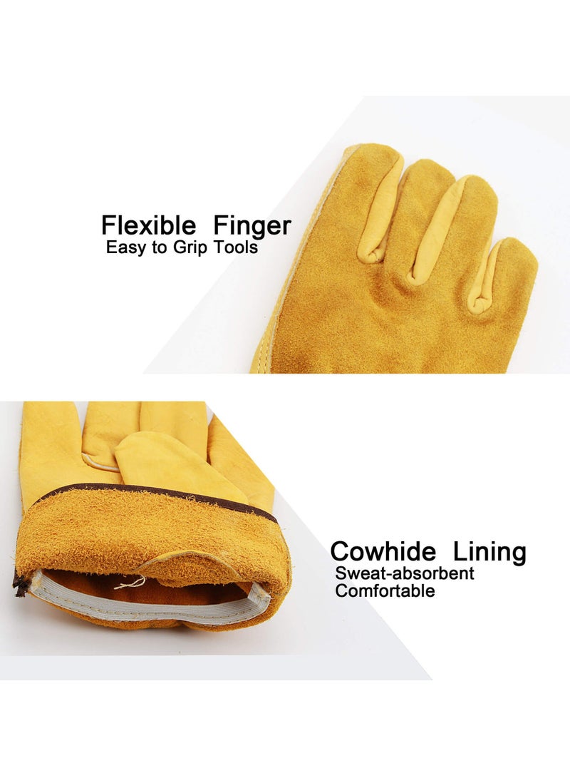 Leather Work Gloves,  Heavy Duty Gardening Gloves, Tough Cowhide Garden Gloves Thorn Proof Work Gloves for Garden Tools Pruning Shears Bricklaying, Ladies and Men (Large, Gold, 1 Pairs)