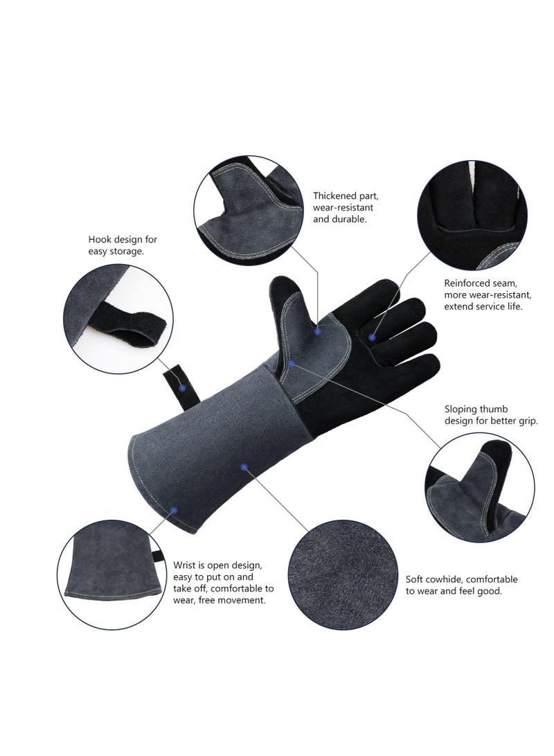 Resistant Oven Gloves Mitts, 932℉/500℃ Heat Resistant Pizza Oven Mitts, for Grill Heat Insulation Leather Forging Welding Gloves, for Cooking, Kitchen, Camping, Fireplace, Grilling (Black-16inch)