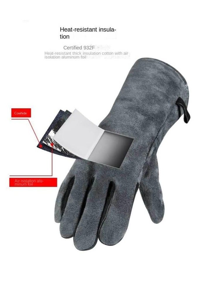 Resistant Oven Gloves Mitts, 932℉/500℃ Heat Resistant Pizza Oven Mitts, for Grill Heat Insulation Leather Forging Welding Gloves, for Cooking, Kitchen, Camping, Fireplace, Grilling (Black-16inch)