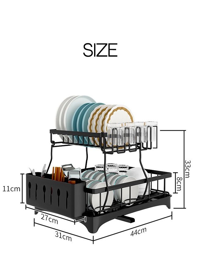 2 Tiers Dish Drying Stand With Rotatable Drainage System Black