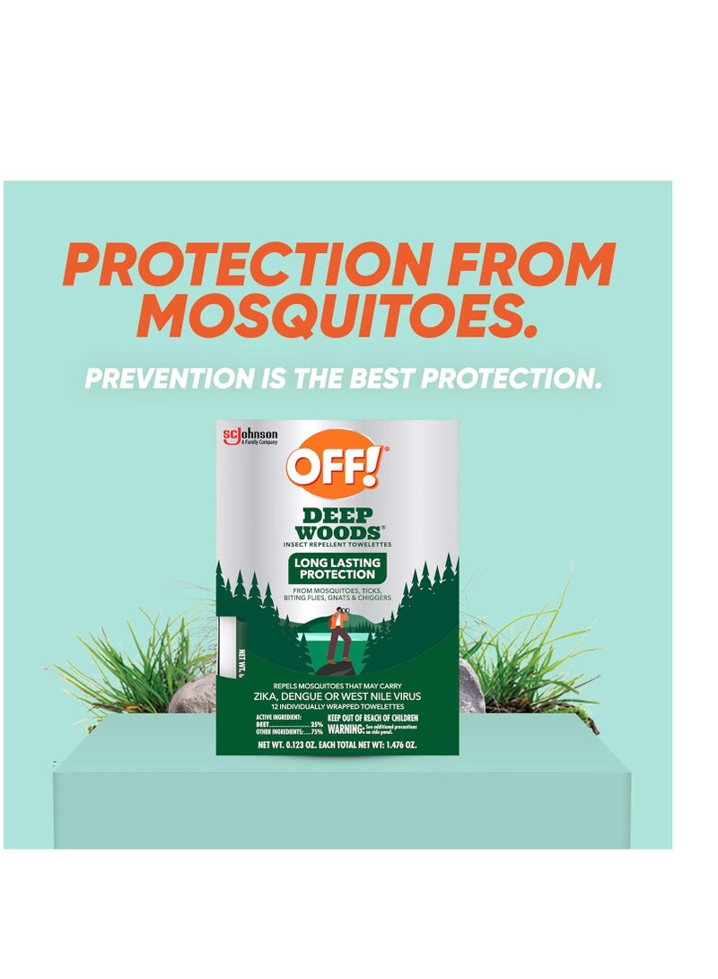 OFF! Deep Woods Mosquito and Insect Repellent Wipes, Long lasting, 12 Individually Wrapped Wipes