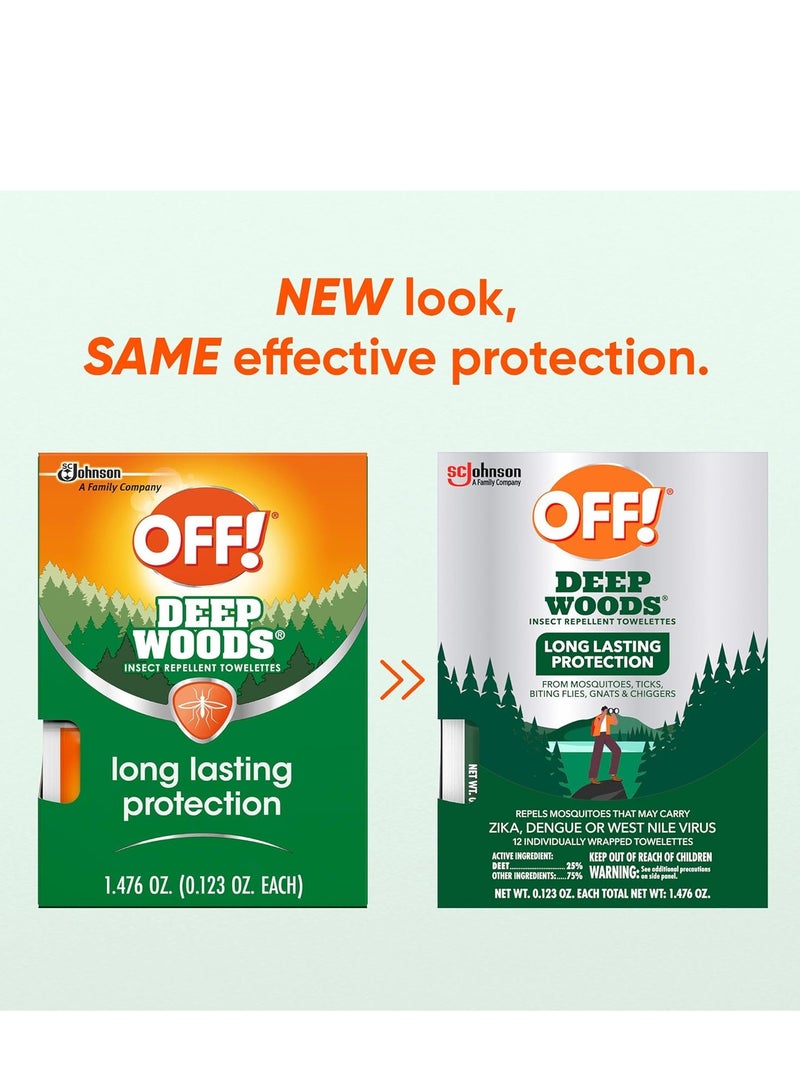 OFF! Deep Woods Mosquito and Insect Repellent Wipes, Long lasting, 12 Individually Wrapped Wipes