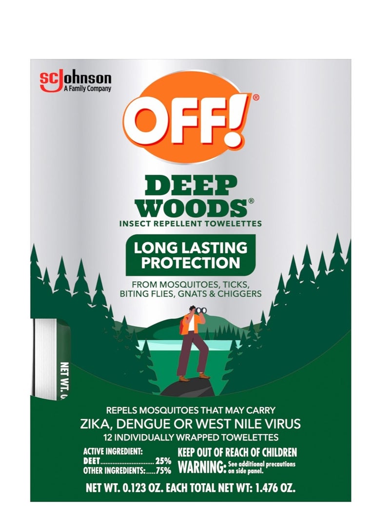 OFF! Deep Woods Mosquito and Insect Repellent Wipes, Long lasting, 12 Individually Wrapped Wipes