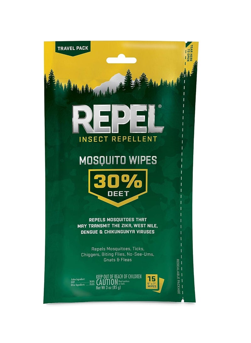 Repel Insect Repellent Mosquito Wipes, Repels Mosquitoes, Ticks, Gnats and Other Listed Pests, 30% DEET (15 Wipes) Travel Sized