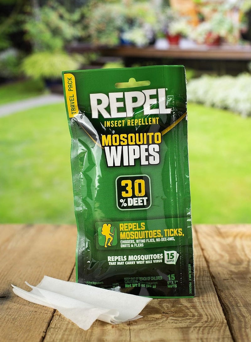 Repel Insect Repellent Mosquito Wipes, Repels Mosquitoes, Ticks, Gnats and Other Listed Pests, 30% DEET (15 Wipes) Travel Sized