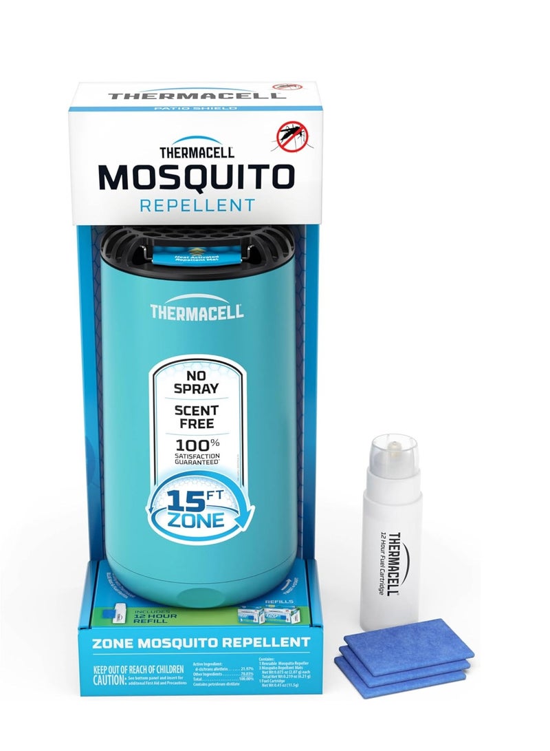 Thermacell Patio Shield Mosquito Repeller, Blue; Highly Effective Mosquito Repellent for Patio; No Candles or Flames, DEET-Free, Scent-Free, Bug Spray Alternative; Includes 12-Hour Refill