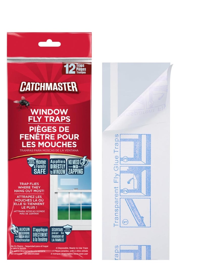 Window Fly Traps by Catchmaster - 12 Count, Ready to Use Indoors. Insect, Bugs, Fly & Fruit Fly Glue Adhesive Sticky Paper - Waterproof Easy Application Ready Disposable Non-Toxic