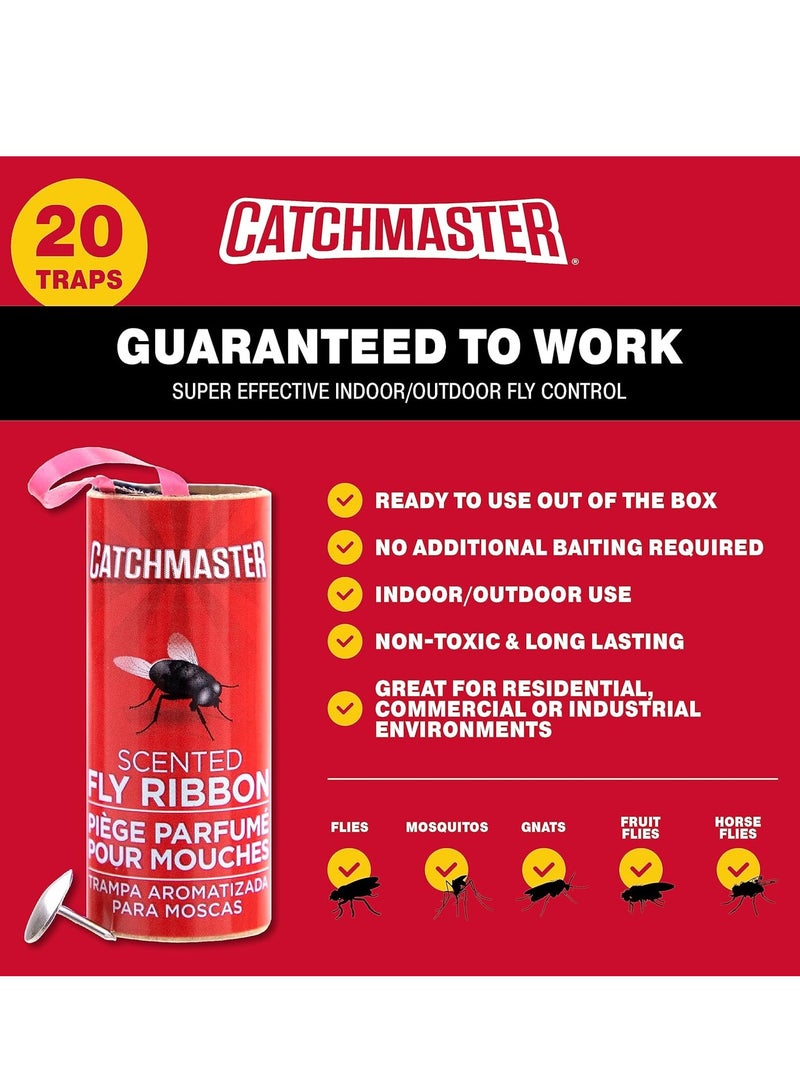 Catchmaster Fly Ribbon 20-Pack, Bug & Fruit Fly Traps Outdoor and Indoor, Premium Adhesive Sticky Fly Strips & Gnat Hanging Strips, Bulk Scented Flying Insect Paper Rolls, Non Toxic Home Pest Control