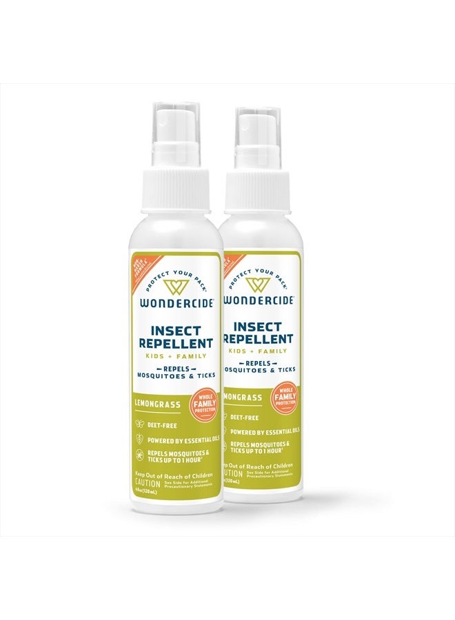 Mosquito, Tick, Fly, and Insect Repellent with Natural Essential Oils - DEET-Free Bug Spray and Killer - Safe for Family - Lemongrass 2-Pack of 4 oz Bottle