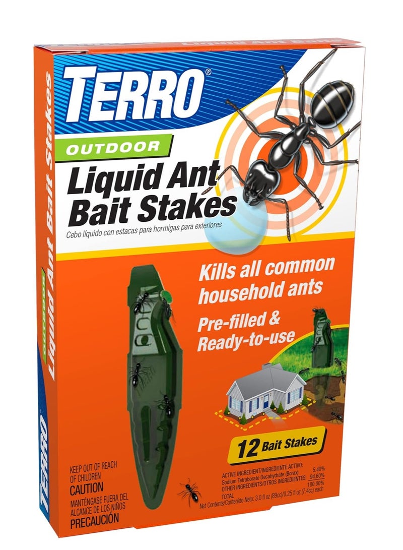 TERRO T1813B Outdoor Ready-to-Use Liquid Ant Bait Stake Killer Trap - Kills Common Household Ants 12 Stakes