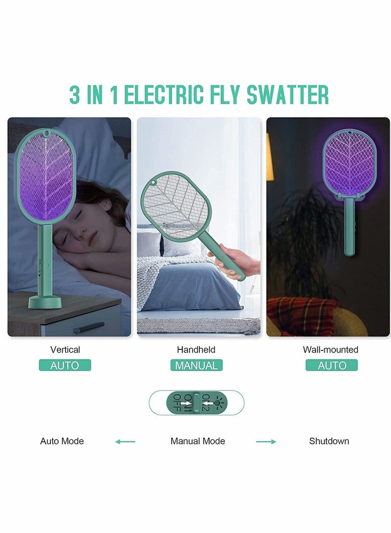 Electric Fly Swatter, Handheld/Standing/Wall Mounted Mosquito Killer with Base, Smart Home Use USB Rechargeable LED Light 3 Layer Safety Mesh, Fruit Fly, Insect Trap Racket for Indoor, Camping Outdoor