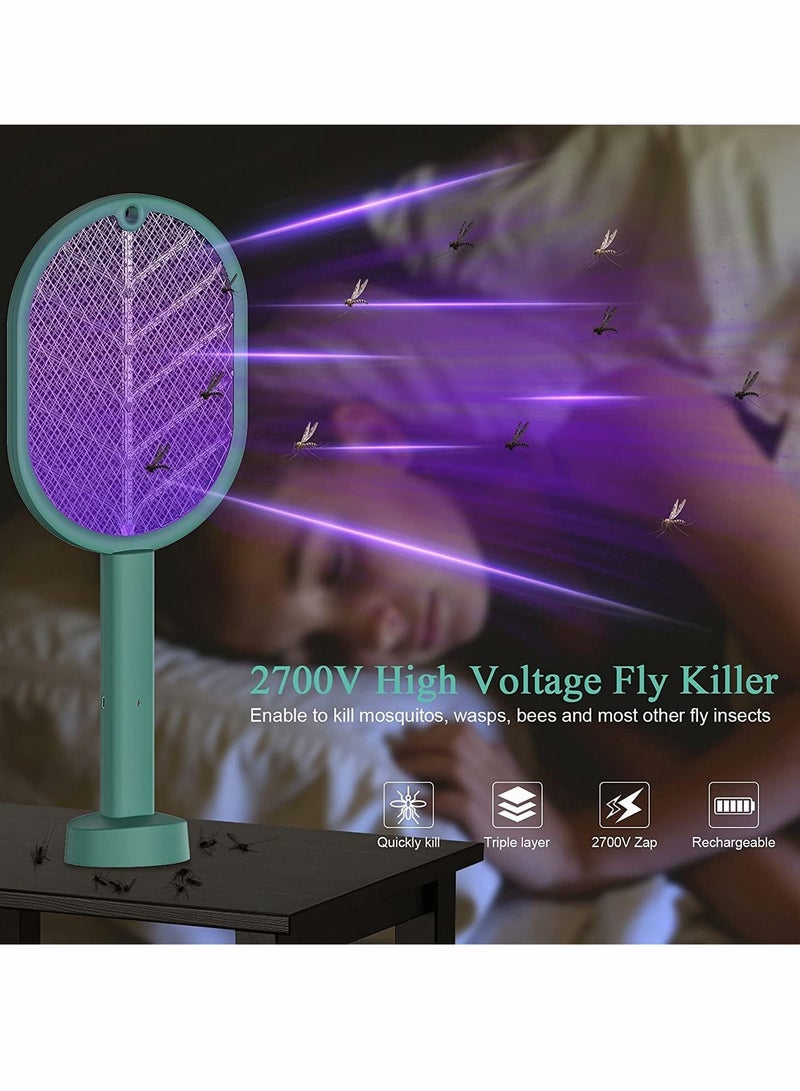 Electric Fly Swatter, Handheld/Standing/Wall Mounted Mosquito Killer with Base, Smart Home Use USB Rechargeable LED Light 3 Layer Safety Mesh, Fruit Fly, Insect Trap Racket for Indoor, Camping Outdoor