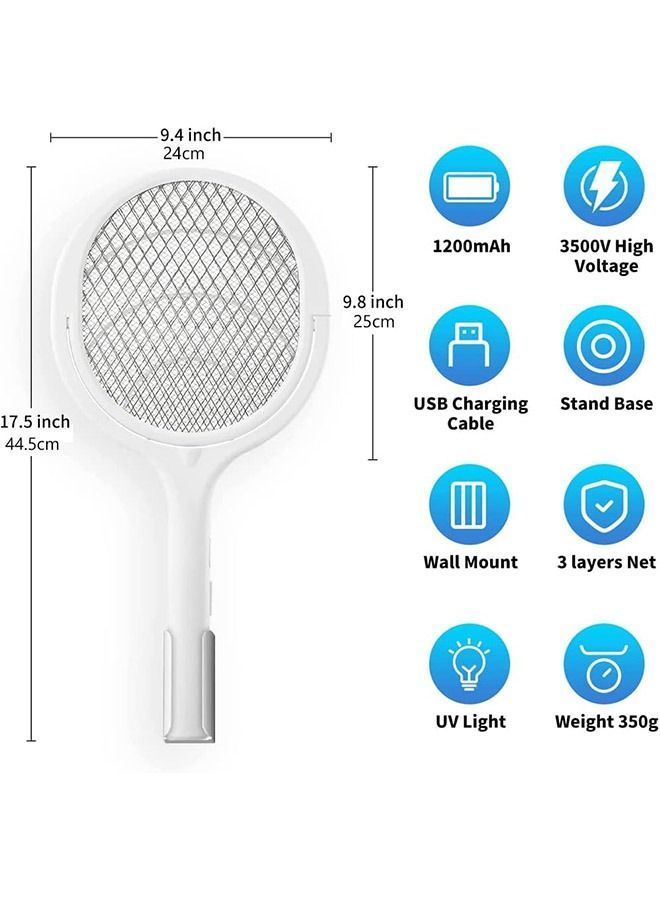 Electric Fly Swatter 5 in1 Rotatable Indoor Bug Zapper Racket USB-C Rechargeable Mosquito Killer 3500V High-Voltage with UV Light Standing Base and Wall Mount