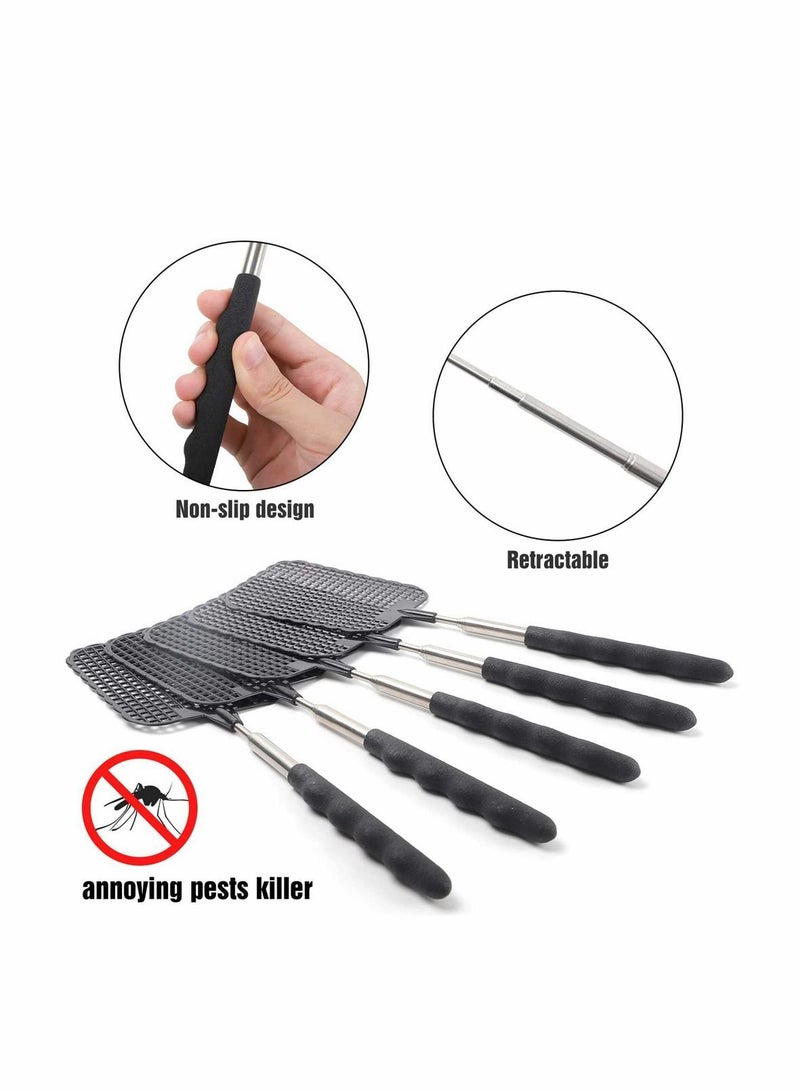 Retractable Fly Swatters, Extendable Swatter, Telescopic Strong Plastic Flexible Manual Pest Control, Heavy Duty Durable Handles, Light Weight, Black, 5 Pack