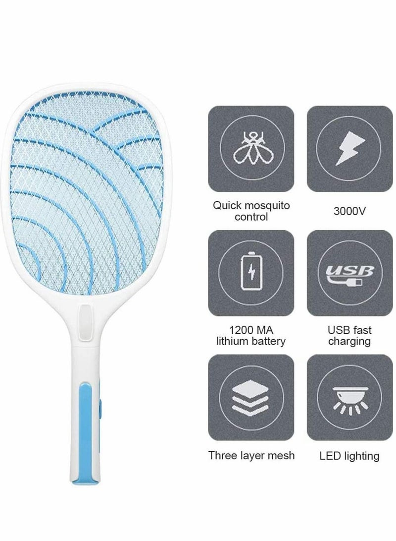 Racket Fly Killer Electric Swatter Bug Zapper with 3000V Grid, Rechargeable 1200mA Battery, Flashlight, 3 layer Safety Mesh, for Home, Indoor and Outdoor Use, USB