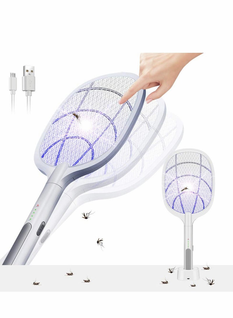 2 in 1 Bug Zapper, Rechargeable Electric Fly Swatter, Mosquito Lamp Fly Killer Insect Swatter 3000 Volt USB Rechargeable LED Purple Light Trapping Mosquitoes 3 Layers Safety Mesh Design