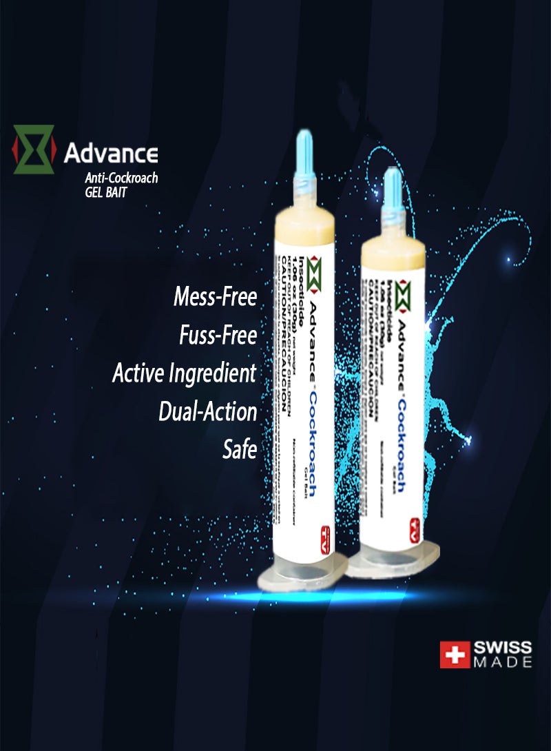 Advance Cockroach Gel Bait, 2Tubes x 30grams, 2 Plunger and 2 Tips, German Cockroach Insect Pest Control, Indoor and Outdoor Use, Cockroach destroyer Gel