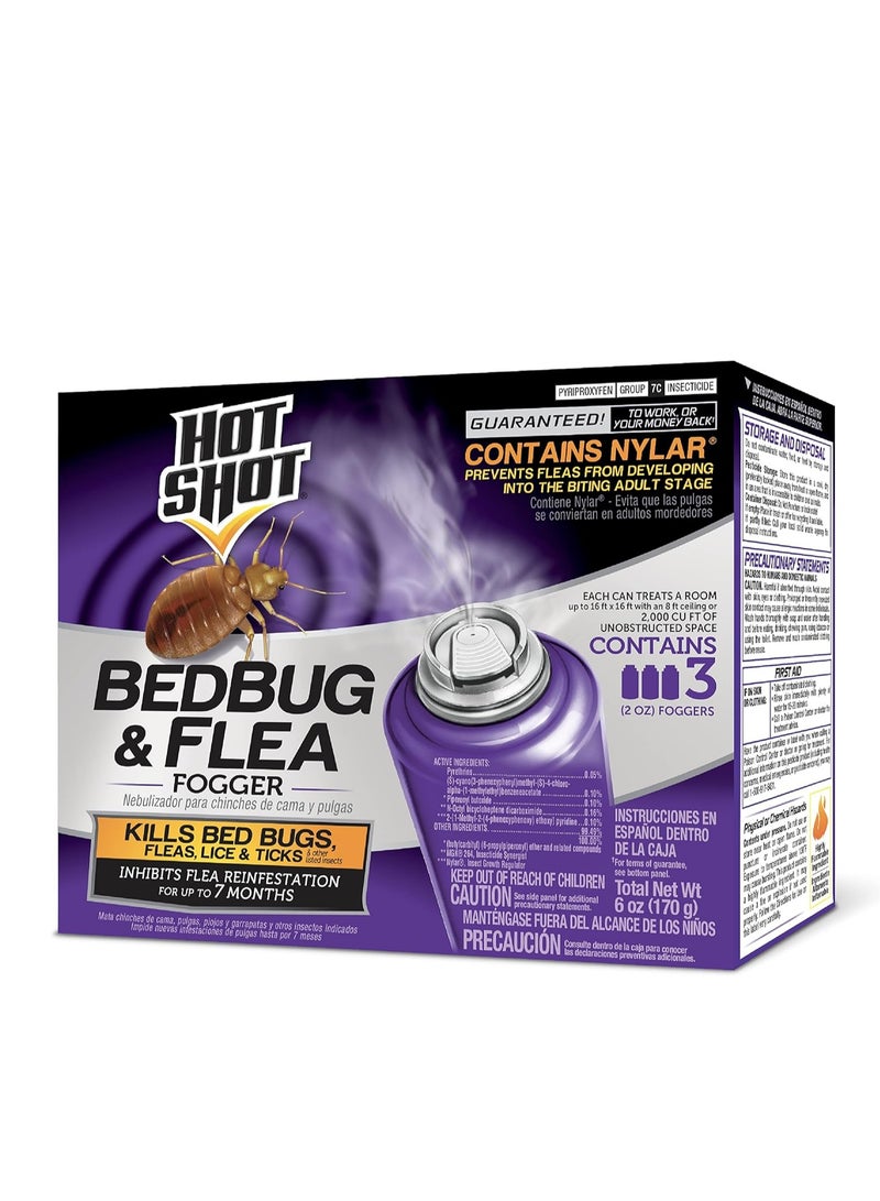 Hot Shot Bed Bug & Flea Fogger, 3 Count (Pack of 1), Kills Fleas Indoors, Get Rid of Fleas In House, Inhibits Reinfestation Up to 7 Months