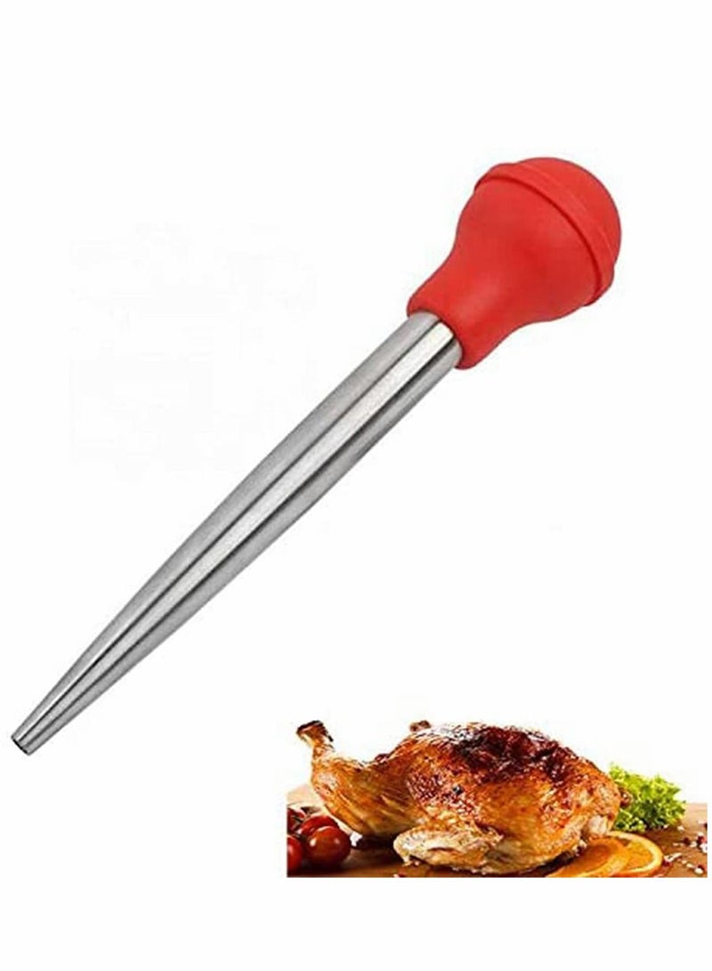 Barbecue Seasoning Tools Cooking Set, Food-Grade Stainless Steel Meat Baster Syringe, 2 Marinade Needles and Cleaning Brush (Red)