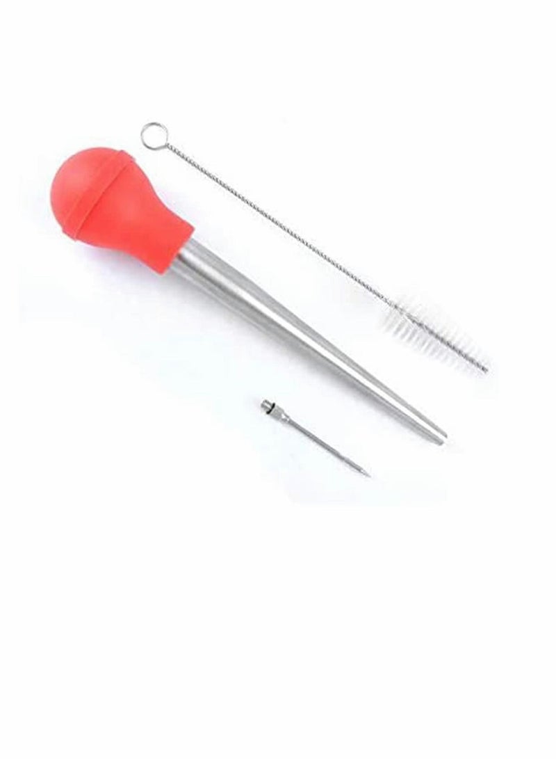 Barbecue Seasoning Tools Cooking Set, Food-Grade Stainless Steel Meat Baster Syringe, 2 Marinade Needles and Cleaning Brush (Red)