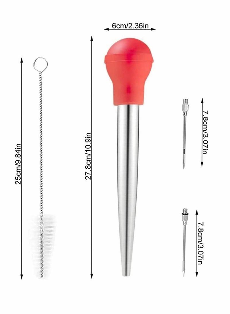 Barbecue Seasoning Tools Cooking Set, Food-Grade Stainless Steel Meat Baster Syringe, 2 Marinade Needles and Cleaning Brush (Red)