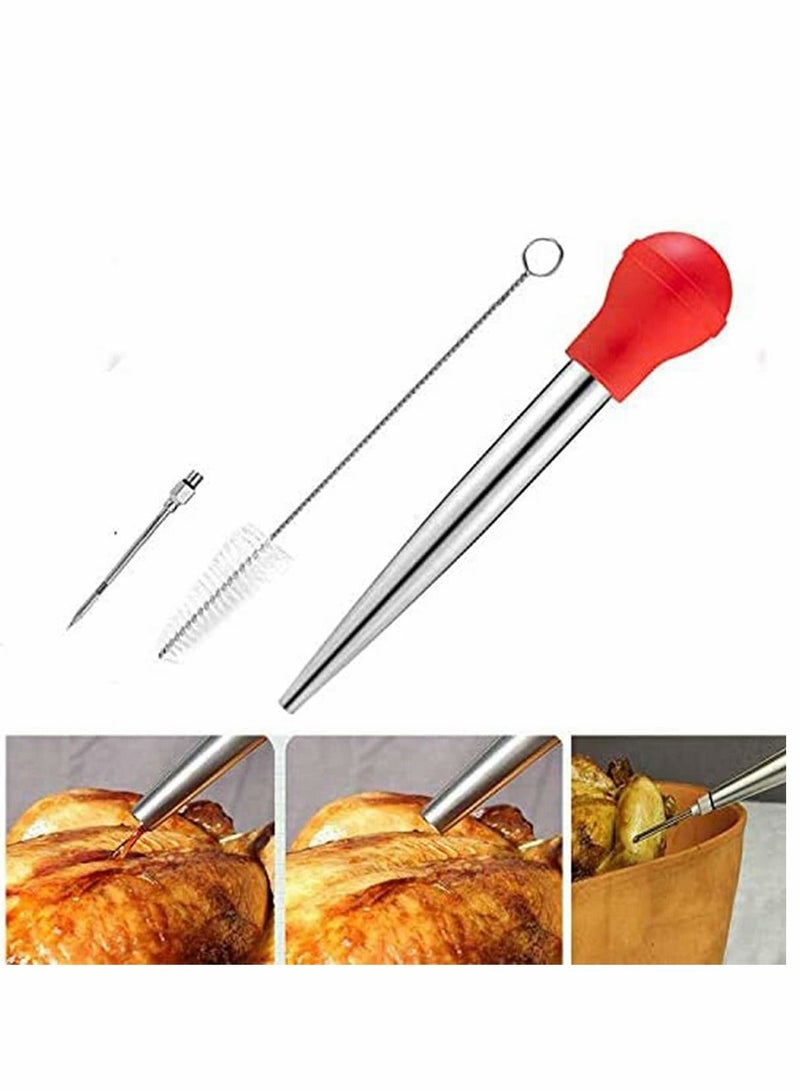 Barbecue Seasoning Tools Cooking Set Food-Grade Stainless Steel Meat Baster Syringe, 2 Marinade Needles and Cleaning Brush (Red)