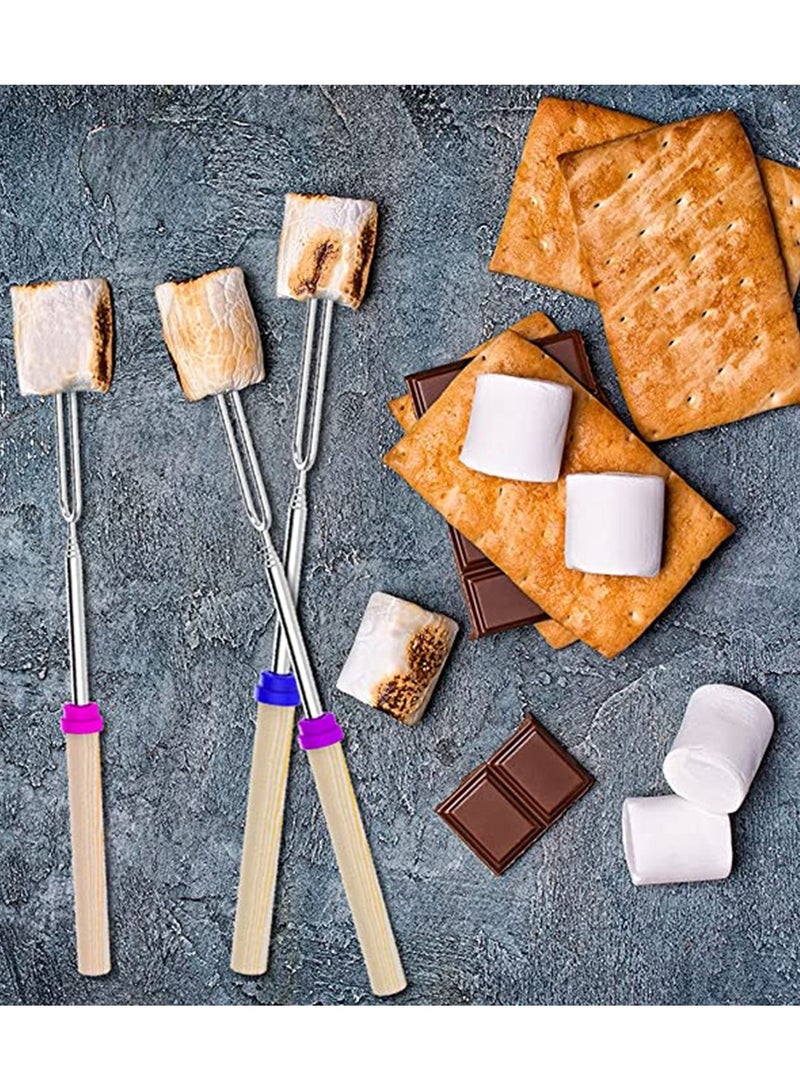 Extendable Marshmallow Roasting Sticks - KASTWAVE Set of 8 Telescoping Smores Skewers & Hot Dog Forks with Wooden Handle for Fire Pit Campfire 32 Inch Stainless Steel BBQ Kit Outdoor Camping