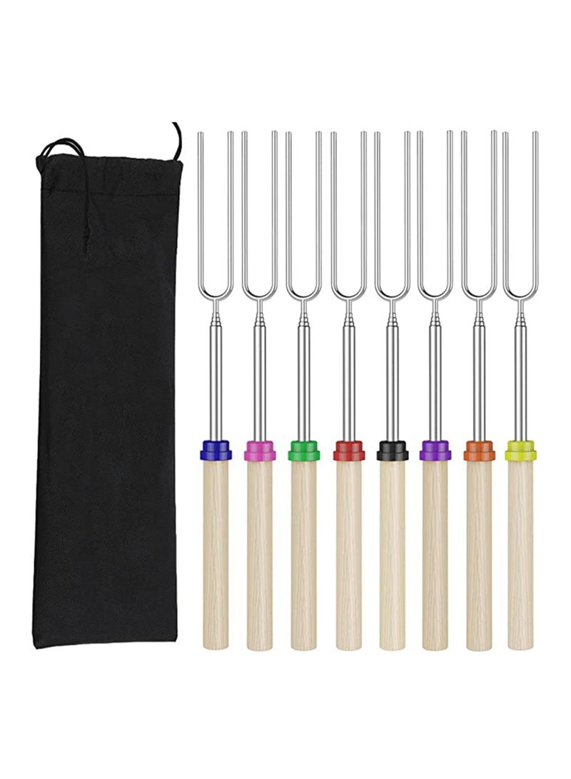 Extendable Marshmallow Roasting Sticks - KASTWAVE Set of 8 Telescoping Smores Skewers & Hot Dog Forks with Wooden Handle for Fire Pit Campfire 32 Inch Stainless Steel BBQ Kit Outdoor Camping