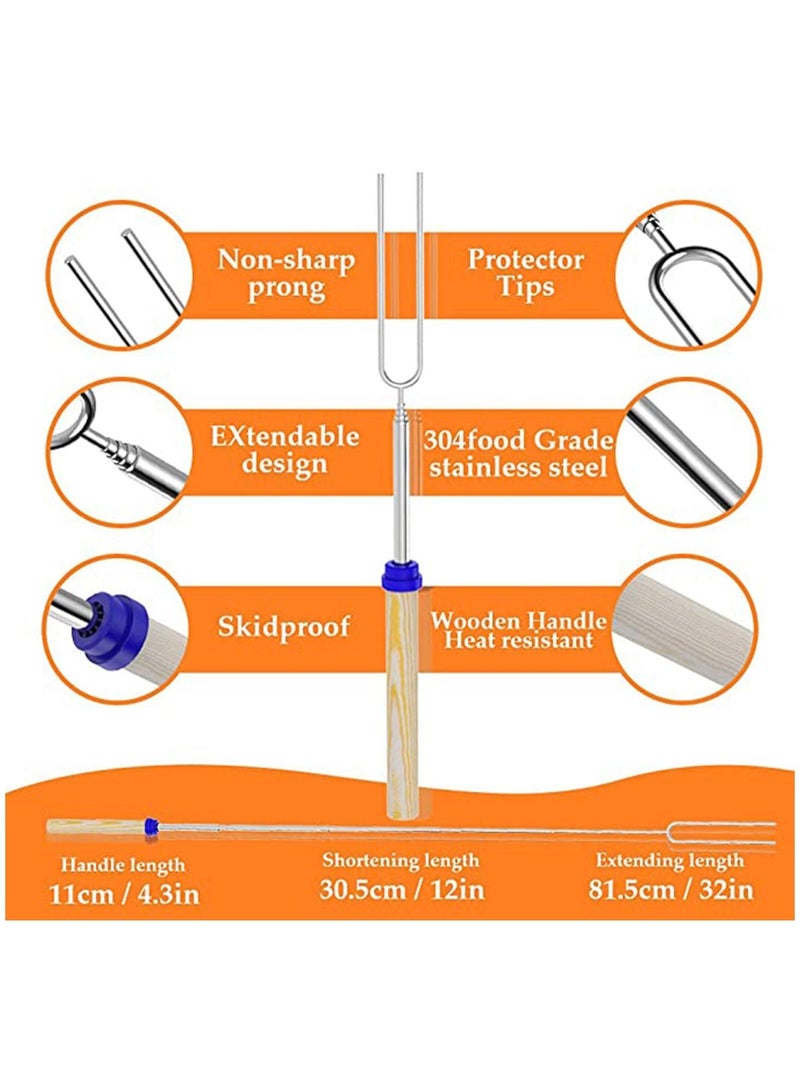 Extendable Marshmallow Roasting Sticks - KASTWAVE Set of 8 Telescoping Smores Skewers & Hot Dog Forks with Wooden Handle for Fire Pit Campfire 32 Inch Stainless Steel BBQ Kit Outdoor Camping