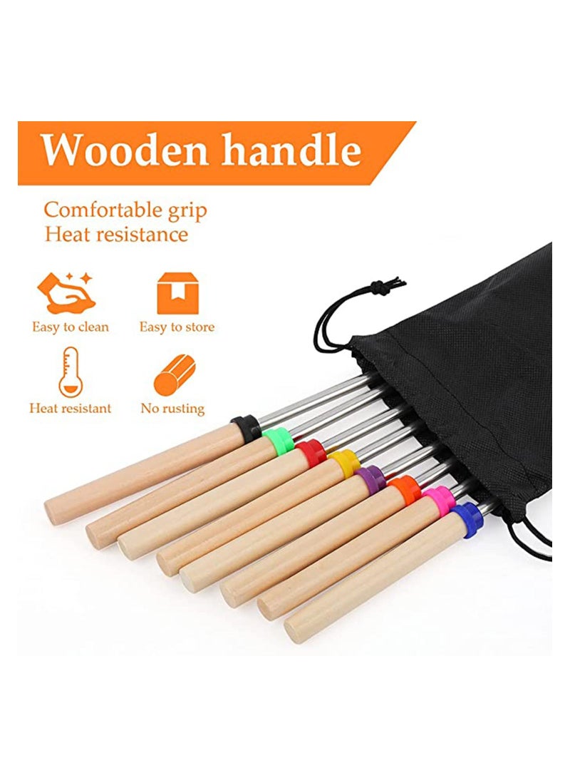 Extendable Marshmallow Roasting Sticks - KASTWAVE Set of 8 Telescoping Smores Skewers & Hot Dog Forks with Wooden Handle for Fire Pit Campfire 32 Inch Stainless Steel BBQ Kit Outdoor Camping