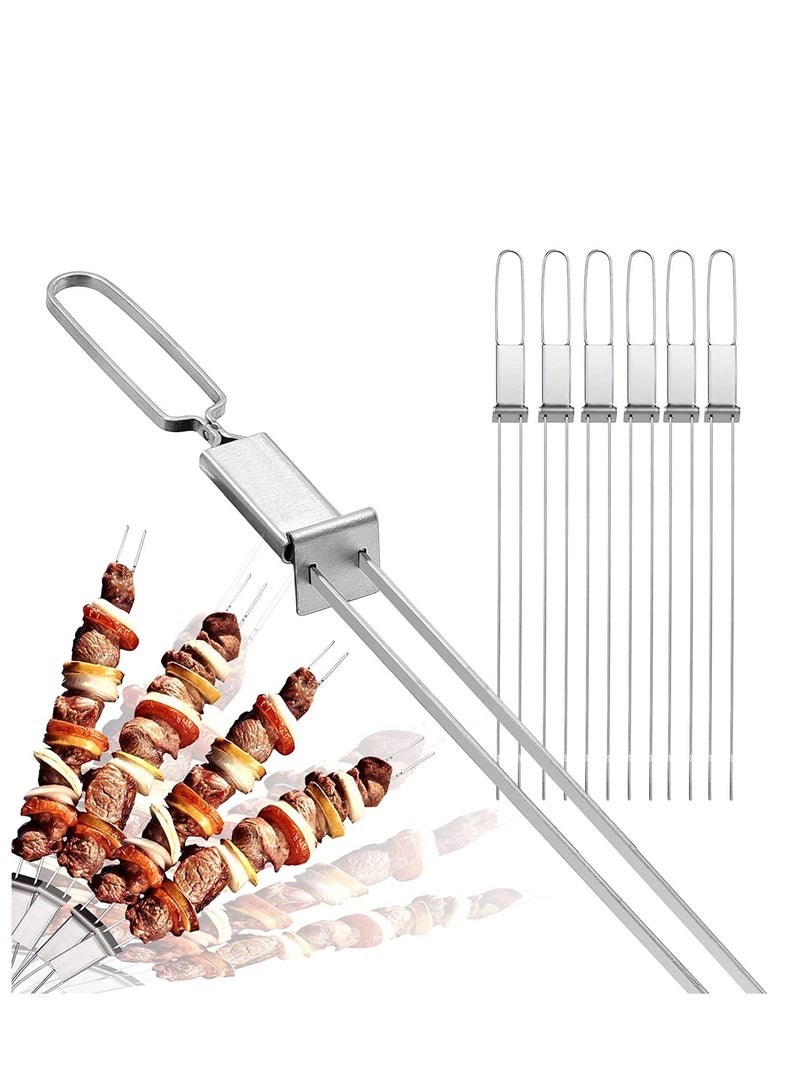 Skewers for Grilling Double Pronged BBQ with Push Bar Shish Kebab Stainless Steel Skewer Sticks Camping or family Reusable 6 Pack