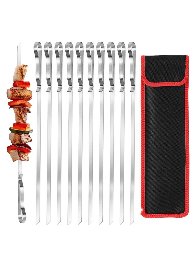 10 Pcs Barbecue Skewers 17 Inch Stainless Steel Flat Metal BBQ Kabob Skewer Reusable Grilling Sticks Set Shish Kebab Needles for Outdoor Camping Outings Cooking Tools