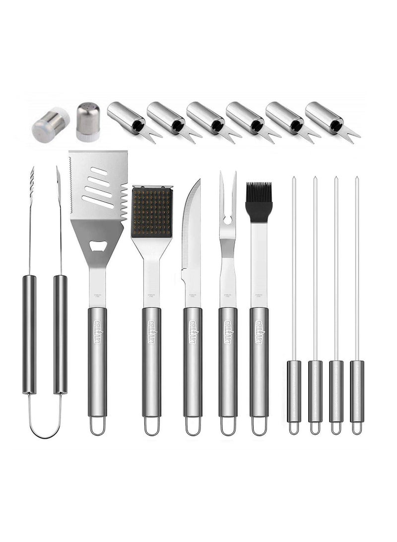 BBQ Portable Stainless Steel Outdoor Indoor Grilling Utensil for Camping with Aluminium Case Set of 19