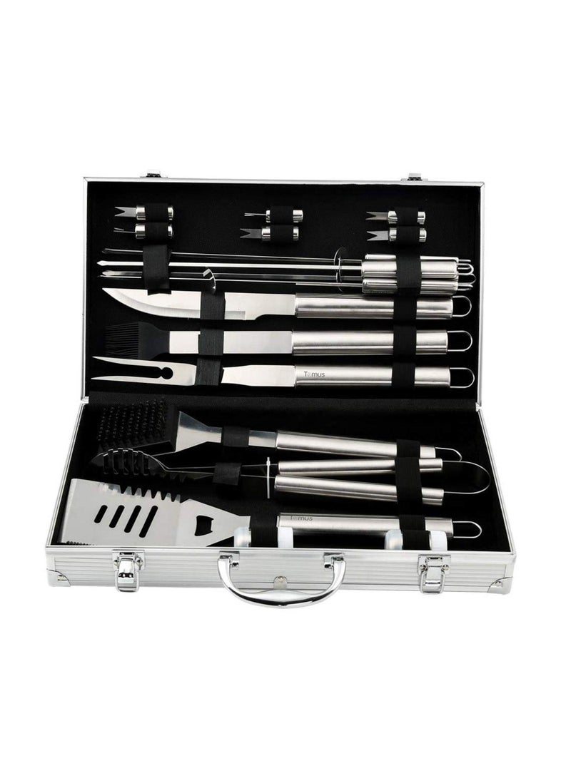BBQ Portable Stainless Steel Outdoor Indoor Grilling Utensil for Camping with Aluminium Case Set of 19