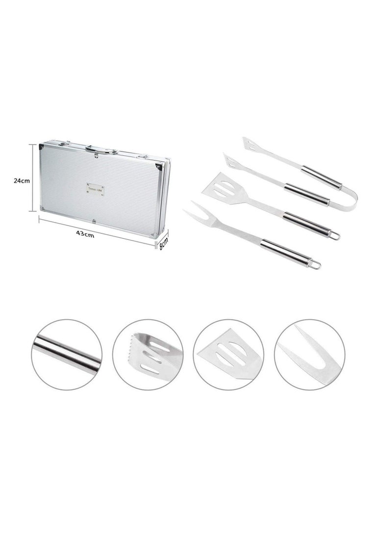 BBQ Portable Stainless Steel Outdoor Indoor Grilling Utensil for Camping with Aluminium Case Set of 19