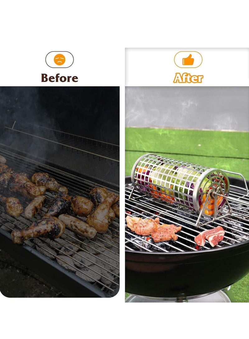 Rolling Grilling Basket, BBQ Grill Basket, Rolling Grilling Baskets For Outdoor Grilling, Perfect For Vegetables, Fruit, Fries, Multifunctional Round Barbecue Cooking Accessory, 1 Pcs ﻿