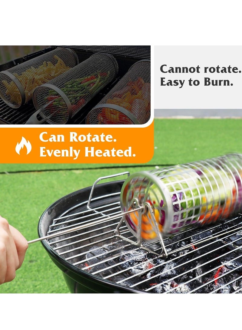 Rolling Grilling Basket, BBQ Grill Basket, Rolling Grilling Baskets For Outdoor Grilling, Perfect For Vegetables, Fruit, Fries, Multifunctional Round Barbecue Cooking Accessory, 1 Pcs ﻿