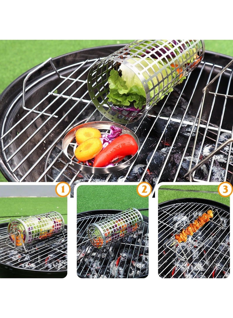 Rolling Grilling Basket, BBQ Grill Basket, Rolling Grilling Baskets For Outdoor Grilling, Perfect For Vegetables, Fruit, Fries, Multifunctional Round Barbecue Cooking Accessory, 1 Pcs ﻿