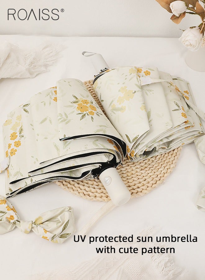 Full Automatic Umbrella Unisex Rain and Shine Dual Use 8 Rib Reinforced Thickened Portable Arc Umbrella for UV Protection Rain Resistant and Windproof Parasol with Cute Flowers Print