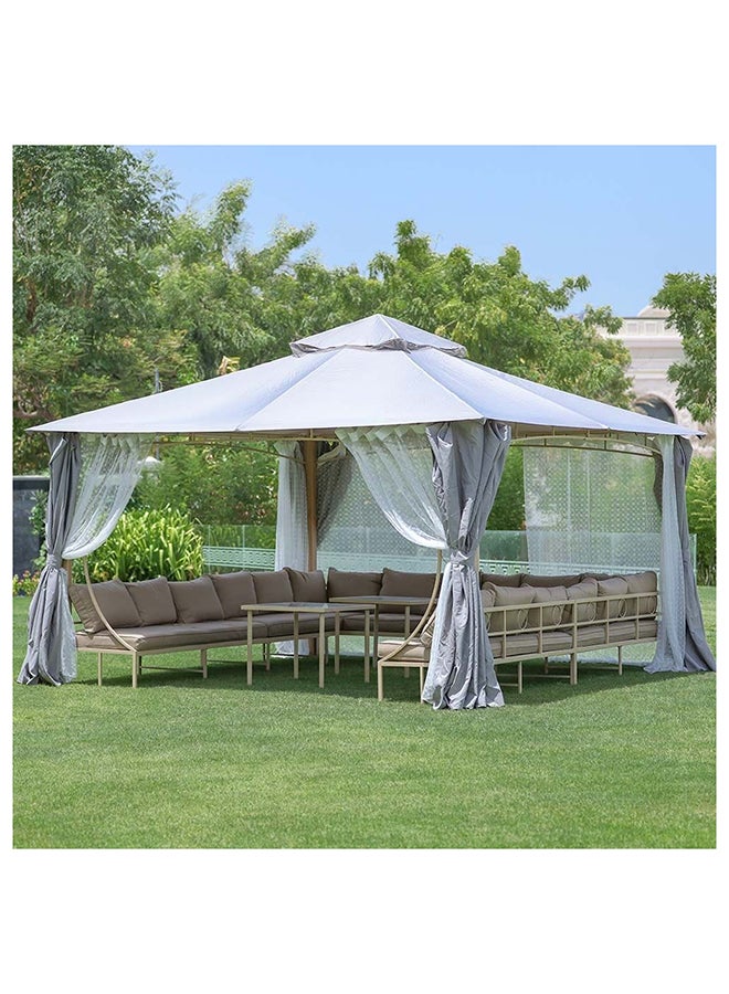 Miraj Gazebo Steel Frame With Polyester Roof Square Shape With Curtain And Net UV Resistant Garden Patio Canopy Modern Outdoor Furniture 4x4m Beige