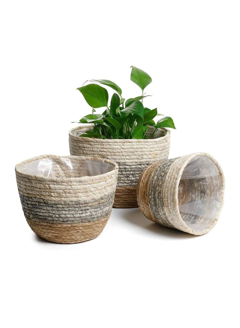 Seagrass Plant Basket Set of 3 - Hand Woven Basket Indoor Outdoor Storage Flower Pot Cover with Interior Plastic Coatin Home Decor & Natural Plant Containers