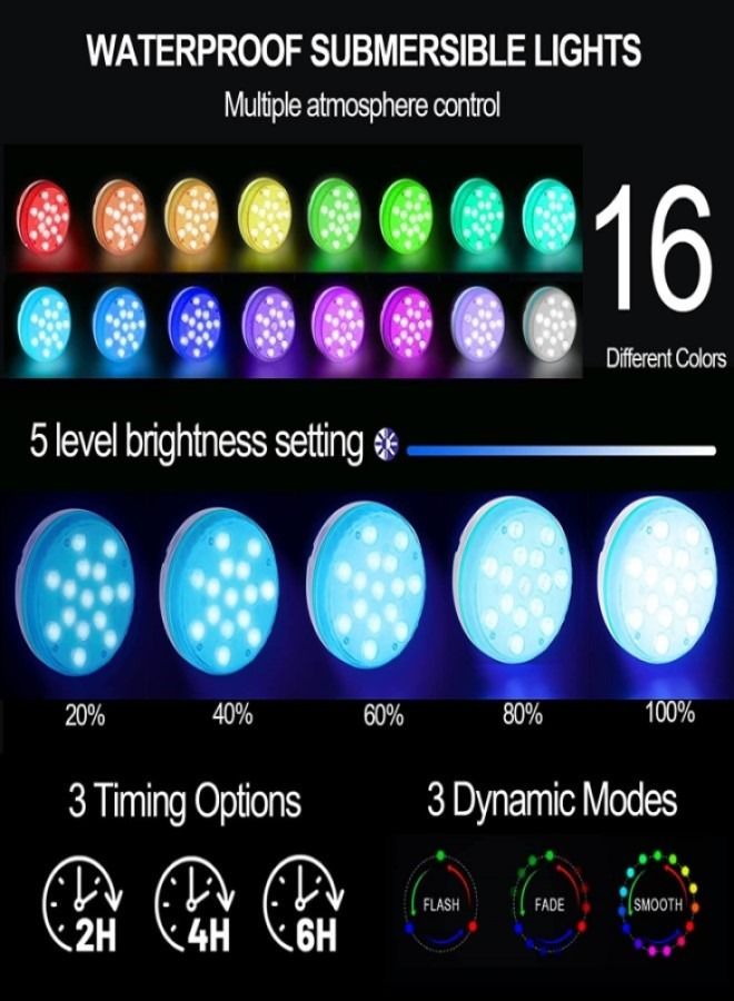 (4 Pack)Pool Lights Submersible LED Lights With Magnet And Suction Cups RF Remote Pool Lights IP68 Waterproof 15 LED Color Changing Battery LED Lights Underwater With Timing 3.35 Inch