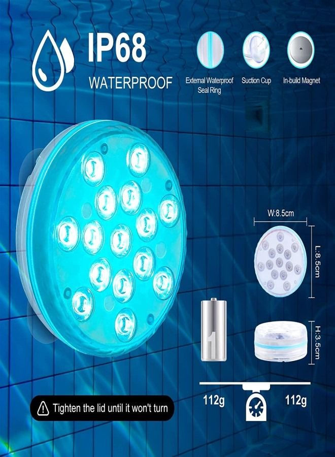 (4 Pack)Pool Lights Submersible LED Lights With Magnet And Suction Cups RF Remote Pool Lights IP68 Waterproof 15 LED Color Changing Battery LED Lights Underwater With Timing 3.35 Inch